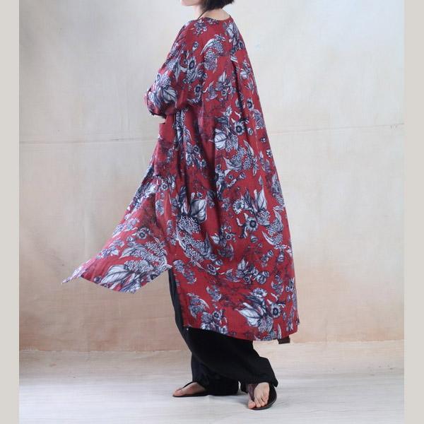 Red floral plus size maxi sundress loose fit long summer dresses long sleeve - Omychic