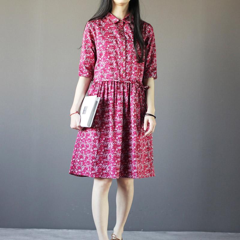 Red foral linen sundress print cotton knee dress - Omychic