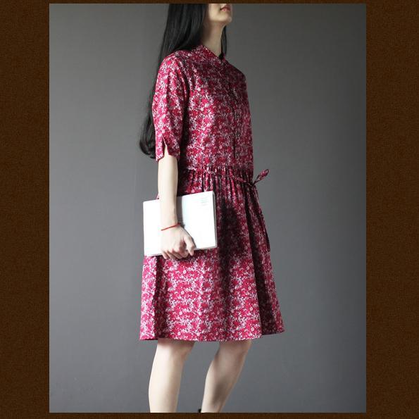 Red foral linen sundress print cotton knee dress - Omychic