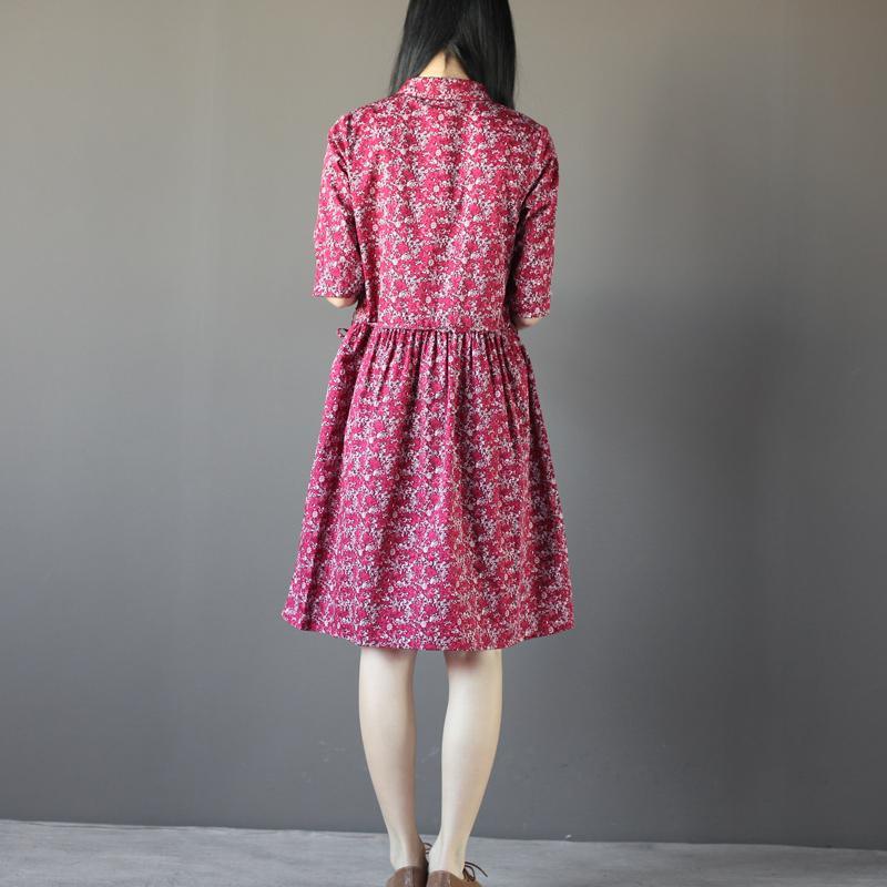 Red foral linen sundress print cotton knee dress - Omychic