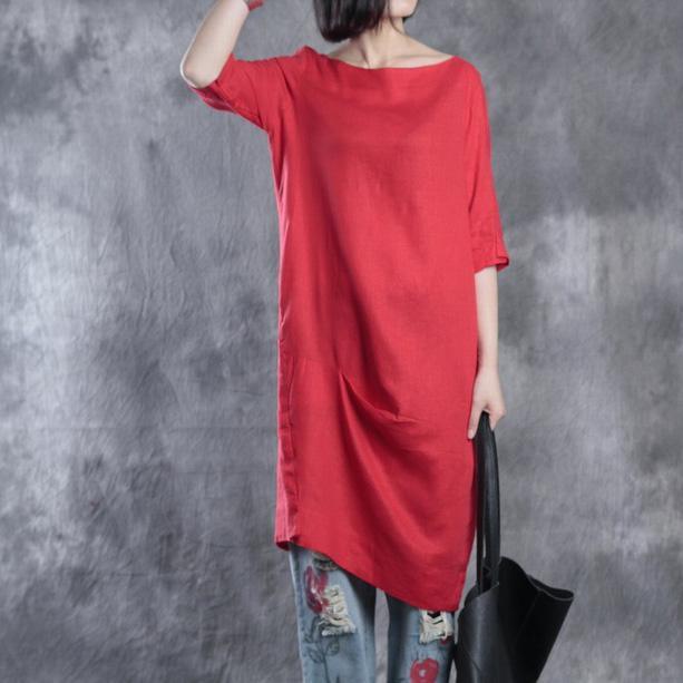 Red half sleeve shift dress summer dresses linen dress - Omychic