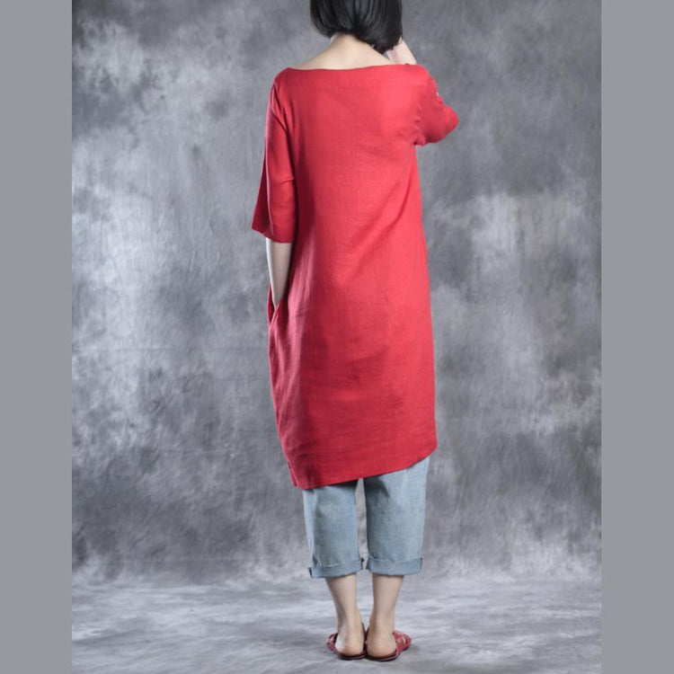 Red half sleeve shift dress summer dresses linen dress - Omychic