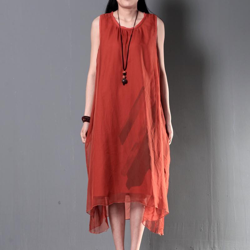 Red layered summer dresses silk and linen patchwork new design sundress - Omychic