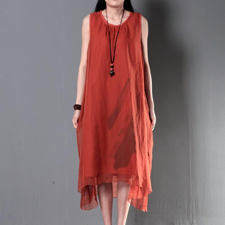 Red layered summer dresses silk and linen patchwork new design sundress - Omychic