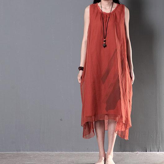 Red layered summer dresses silk and linen patchwork new design sundress - Omychic