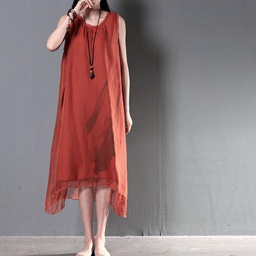 Red layered summer dresses silk and linen patchwork new design sundress - Omychic