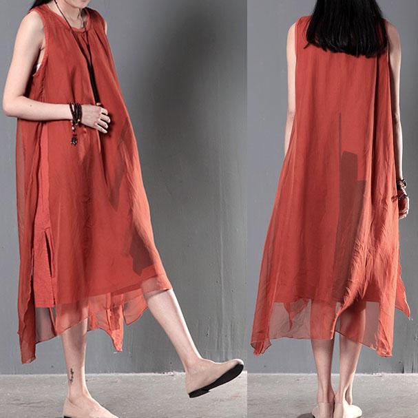 Red layered summer dresses silk and linen patchwork new design sundress - Omychic