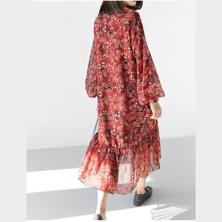 Red leaves print chiffon dresses causal flowy summer dresses loose - Omychic