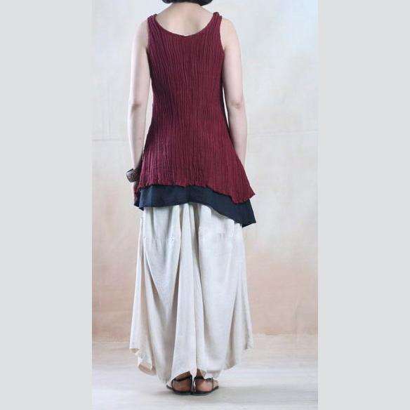 Red linen layered summer sleeveless tops blouse - Omychic