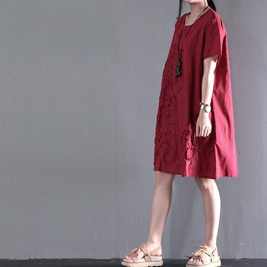 Red linen sundress Appliques summer maternity dresses plus size short sleeve - Omychic