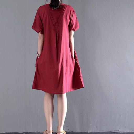 Red linen sundress Appliques summer maternity dresses plus size short sleeve - Omychic