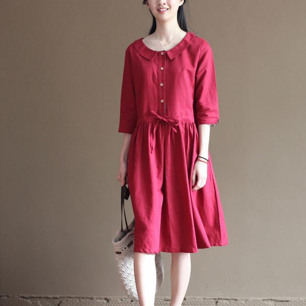 Red linen sundress half sleeve fit flare dresses - Omychic