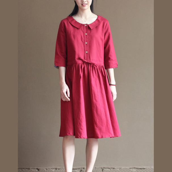 Red linen sundress half sleeve fit flare dresses - Omychic