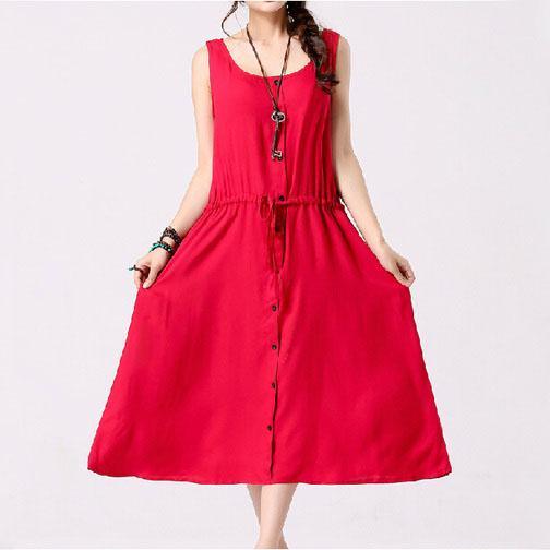 Red linen sundress vestidos vintage cotton dress - Omychic