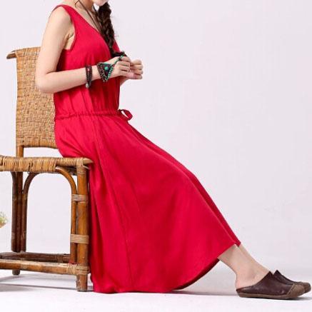 Red linen sundress vestidos vintage cotton dress - Omychic
