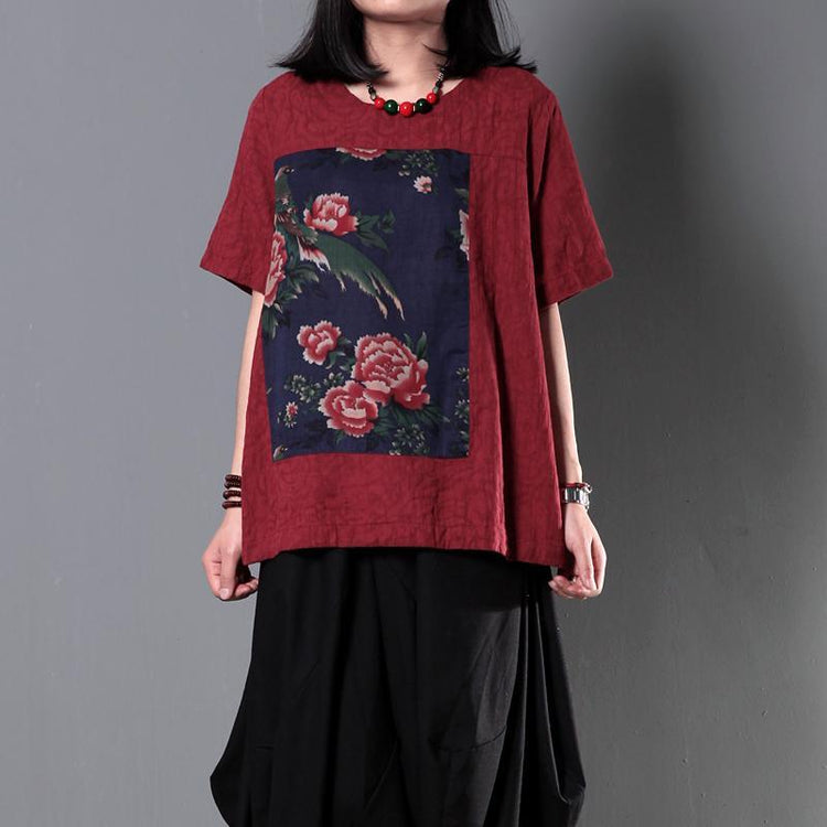 Red retro patchwork plus size women shirt summer blouse linen top - Omychic
