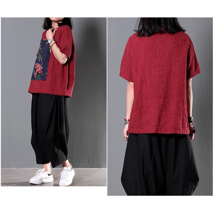 Red retro patchwork plus size women shirt summer blouse linen top - Omychic