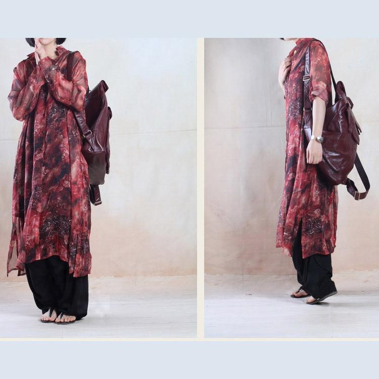 Red see-through dress summer chiffon dress floral long maxi cardigan sundress - Omychic