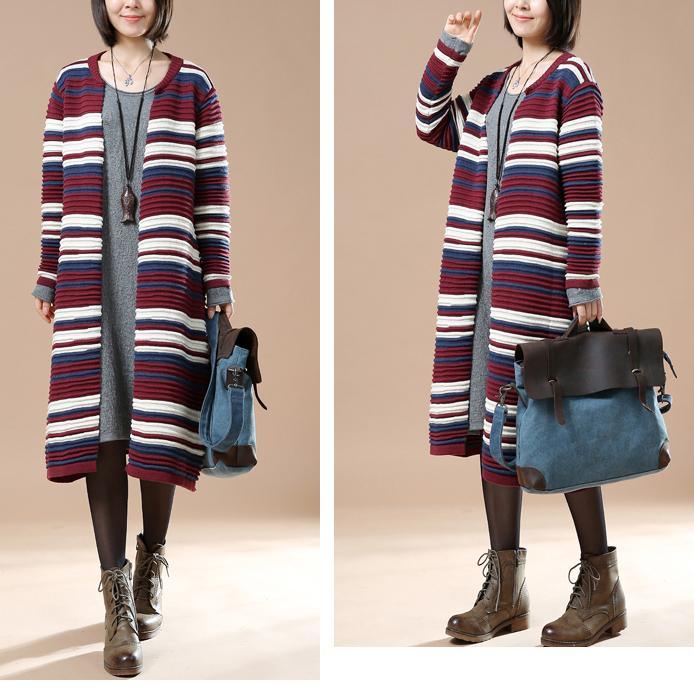 Red striped plus size sweater coats oversize cardigans - Omychic