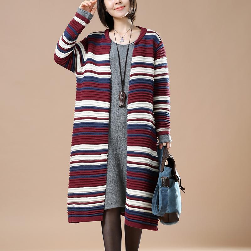 Red striped plus size sweater coats oversize cardigans - Omychic