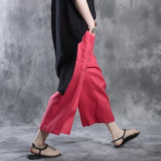 Red wide leg pants plus size linen pants elastic waist - Omychic