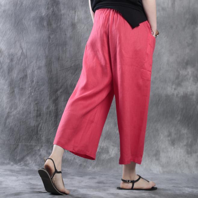 Red wide leg pants plus size linen pants elastic waist - Omychic