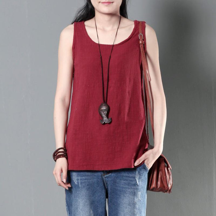 Red women linen top tank causal style blouse shirt - Omychic