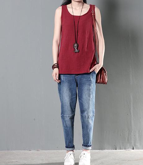 Red women linen top tank causal style blouse shirt - Omychic