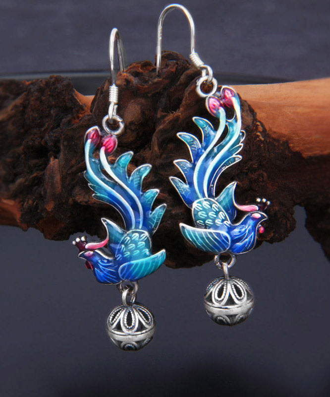 Regular Blue Sterling Silver Cloisonne Phoenix Drop Earrings