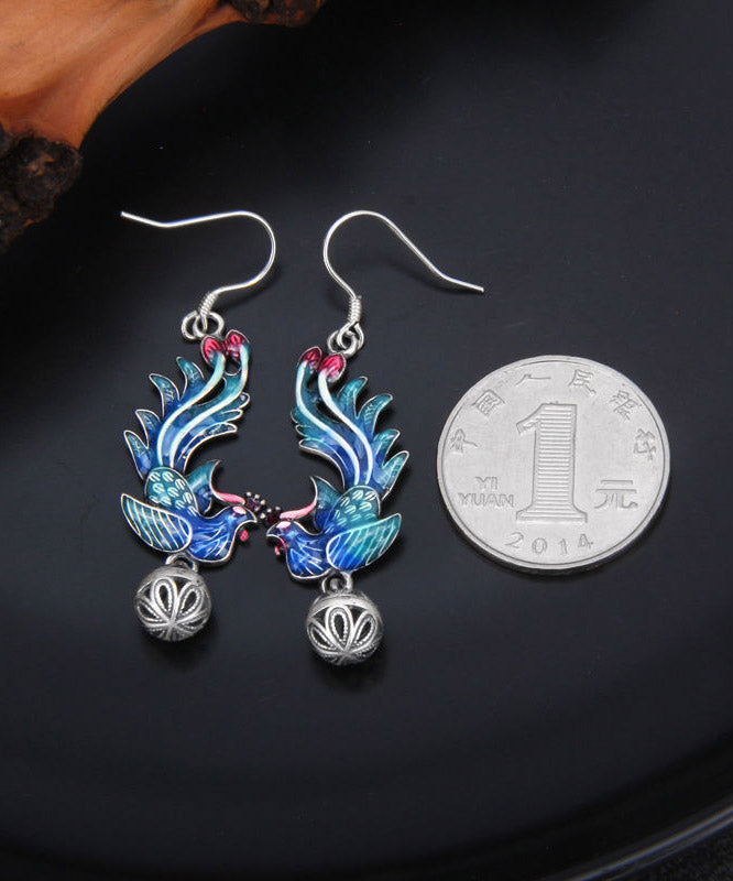 Regular Blue Sterling Silver Cloisonne Phoenix Drop Earrings