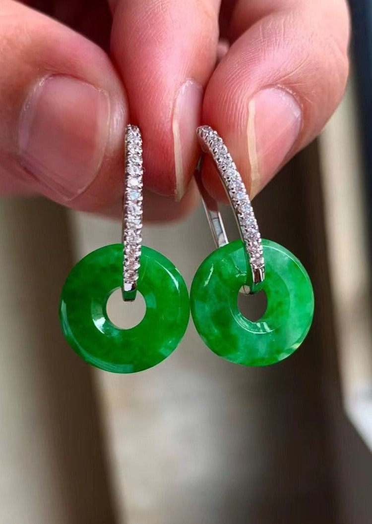 Regular Green Sterling Silver Inlaid Zircon Chalcedony Hoop Earrings