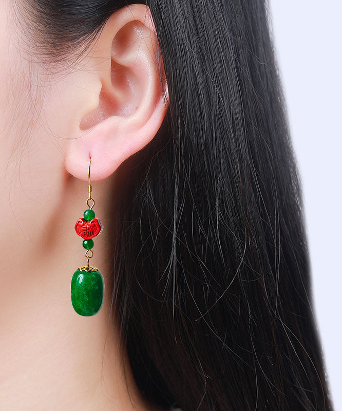 Regular Green Sterling Silver Jade Cinnabar Drop Earrings