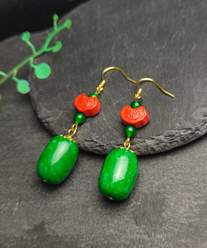 Regular Green Sterling Silver Jade Cinnabar Drop Earrings