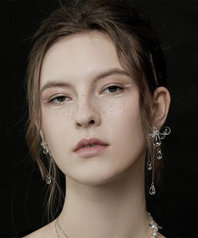 Regular Nude Copper Silvering Glass Bead Asymmetricar Floral Tassel Drop Earrings - Omychic