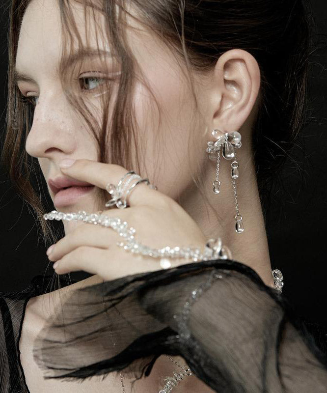 Regular Nude Copper Silvering Glass Bead Asymmetricar Floral Tassel Drop Earrings - Omychic