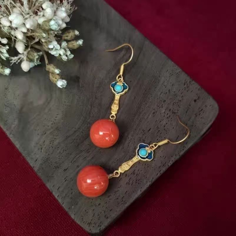 Regular Red Gem Stone Turquoise Gem Stone Drop Earrings