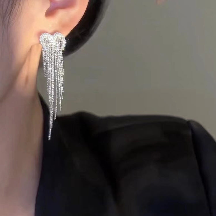 Regular Silk Sterling Silver Zircon Love Tassel Drop Earrings