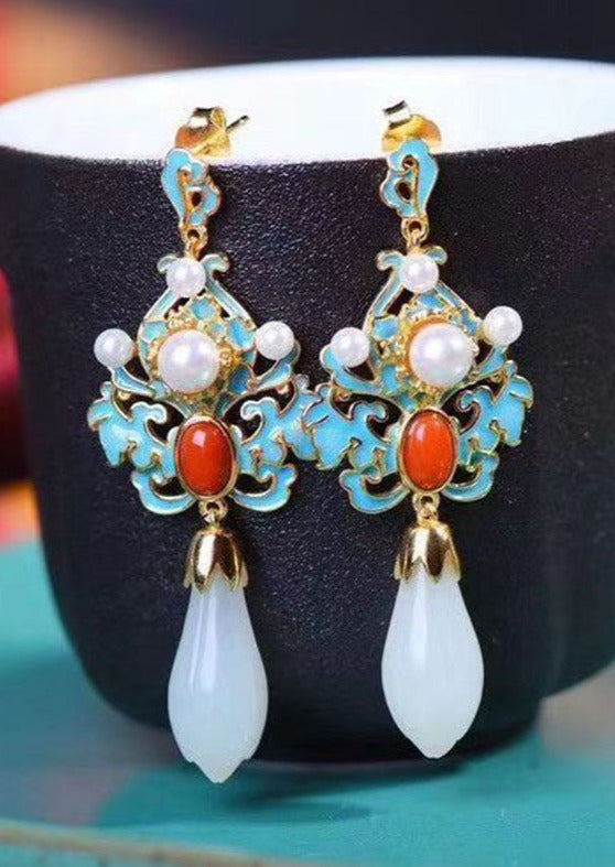 Regular Sterling Sliver Overgild Pearl Cloisonne Jade Agate Drop Earrings