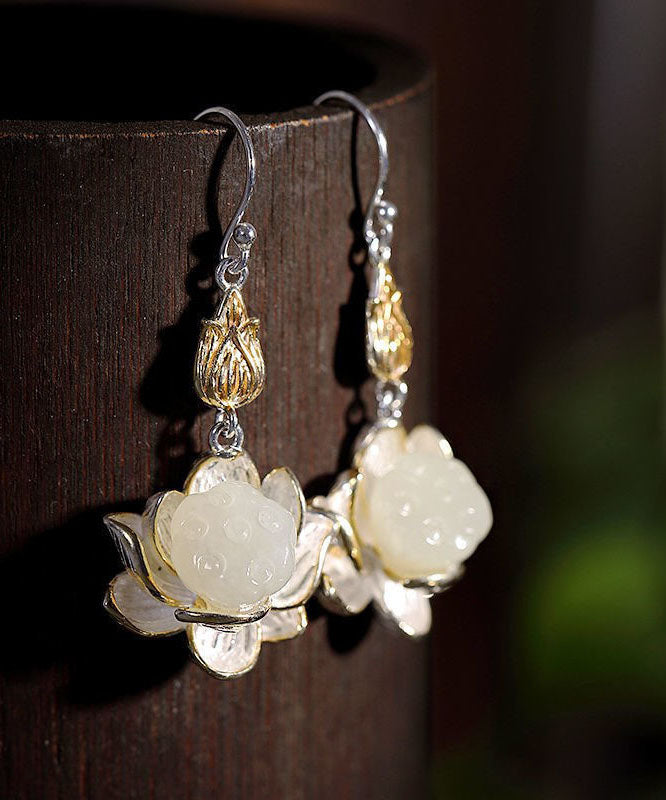 Regular White Sterling Silver Jade Lotus Drop Earrings