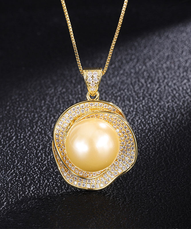 Regular Yellow 18k Gold Zircon Shell Beads Rose Pendant Necklace