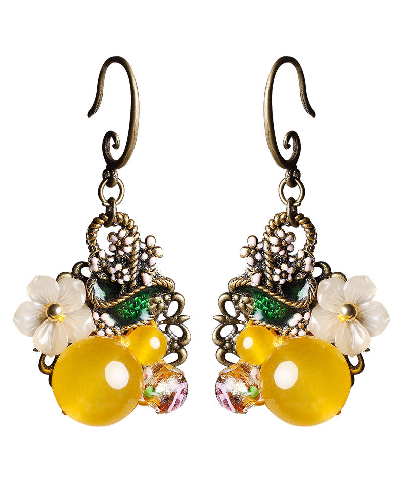 Regular Yellow Copper Pearl Coloured Glaze Oil Drip Floral Drop Earrings