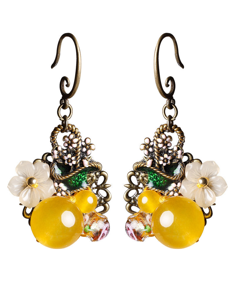 Regular Yellow Copper Pearl Coloured Glaze Oil Drip Floral Drop Earrings