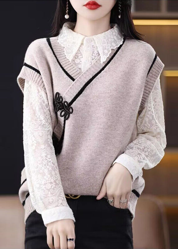 Retro Apricot Chinese Button V Neck Woolen Knitted Vest Sleeveless