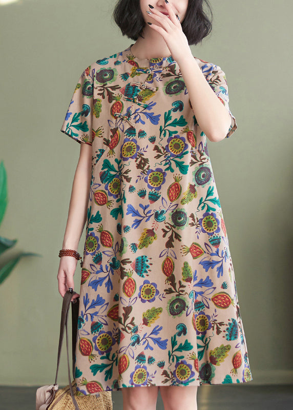 Retro Apricot Stand Collar Print Cheongsam Dress Short Sleeve