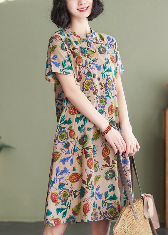 Retro Apricot Stand Collar Print Cheongsam Dress Short Sleeve