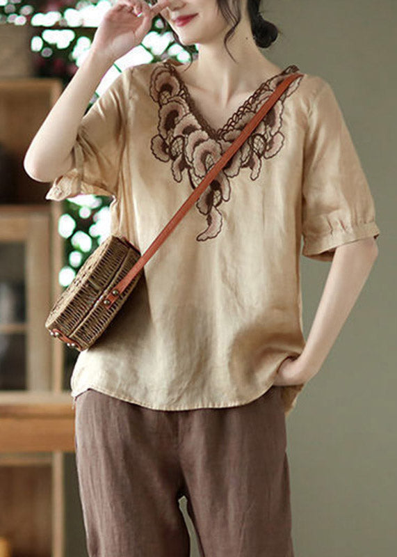 Retro Apricot V Neck Embroideried Patchwork Tops Short Sleeve