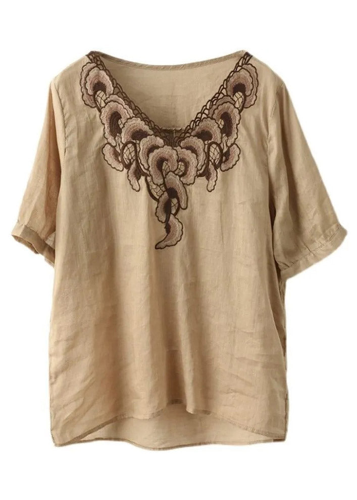 Retro Apricot V Neck Embroideried Patchwork Tops Short Sleeve