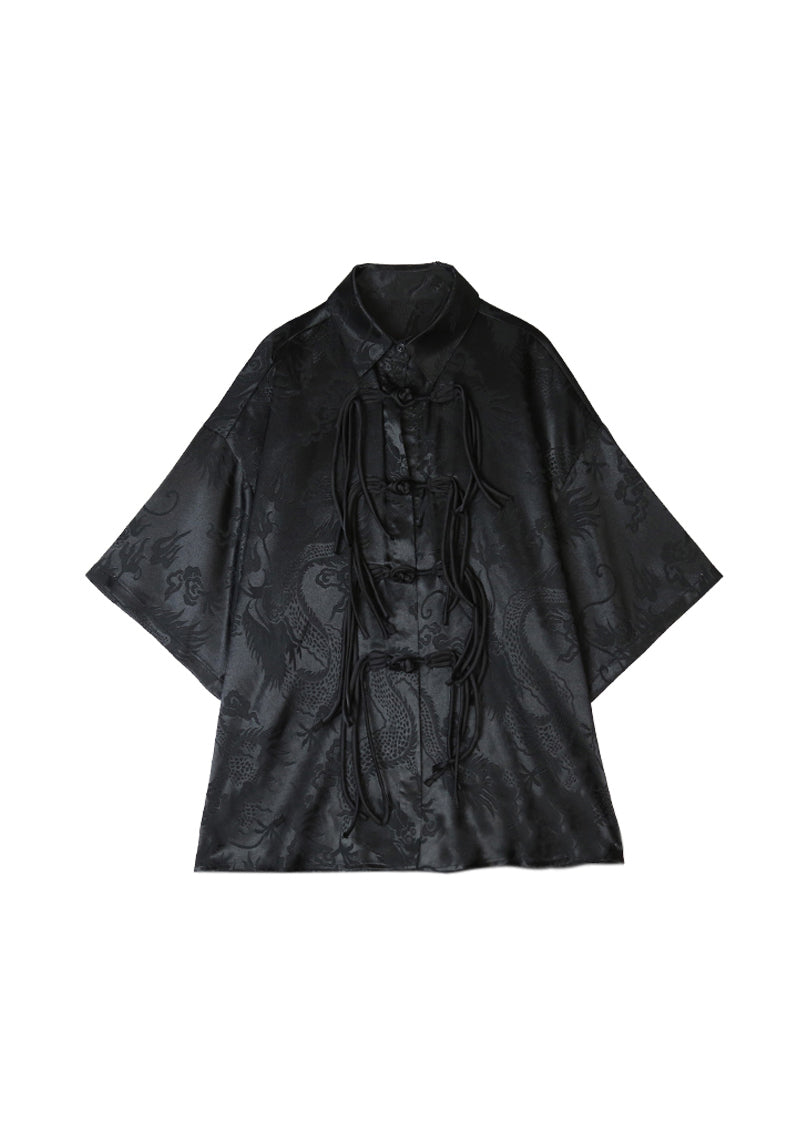 Retro Black Chinese Button Tasseled Patchwork Silk Shirt Tops Summer