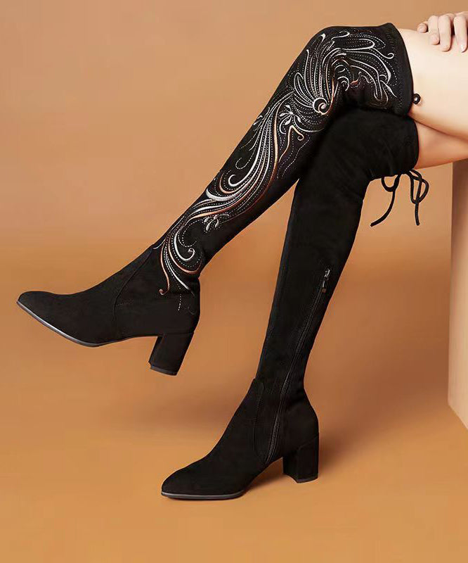 Retro Black Chinese Style Embroideried Chunky Knee Boots