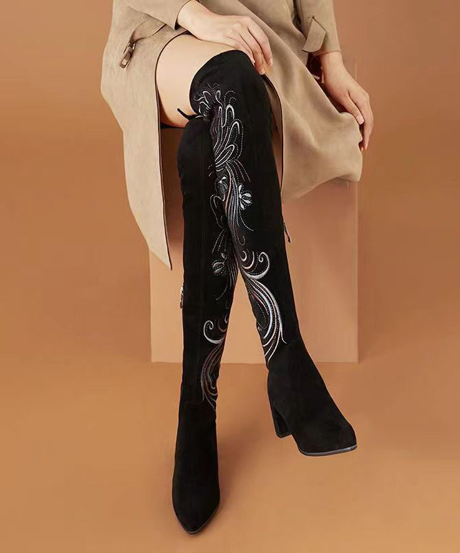 Retro Black Chinese Style Embroideried Chunky Knee Boots